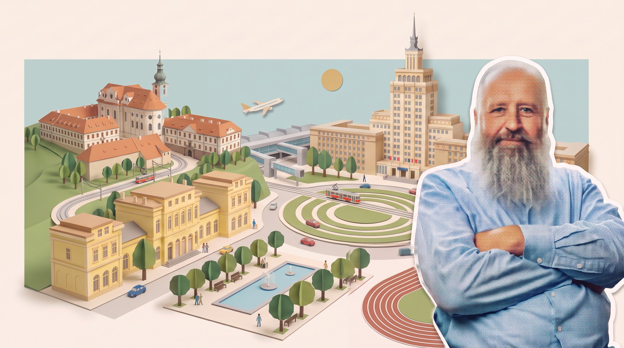 Štěpán Žežula před papírovým modelem Prahy 6